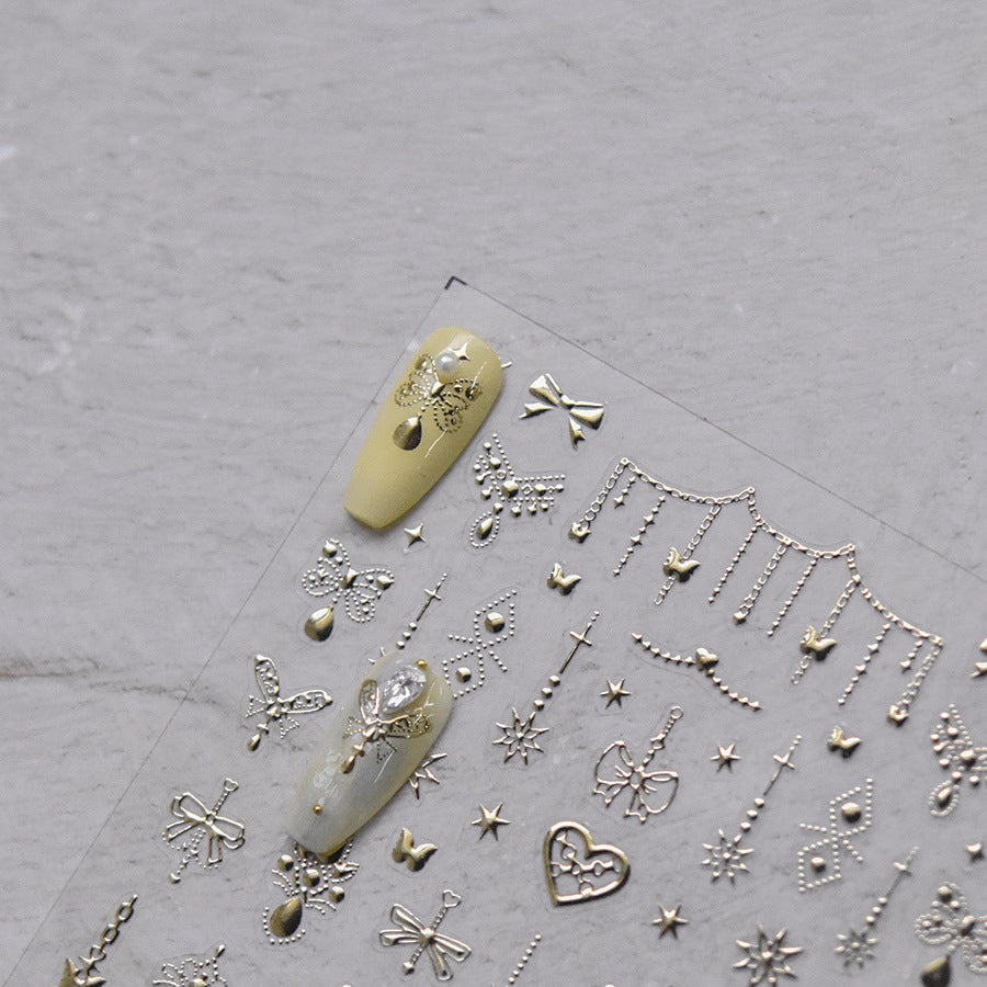 Gold 3D Heart Moon Nail Stickers: Embossed Spiritual Nail Art