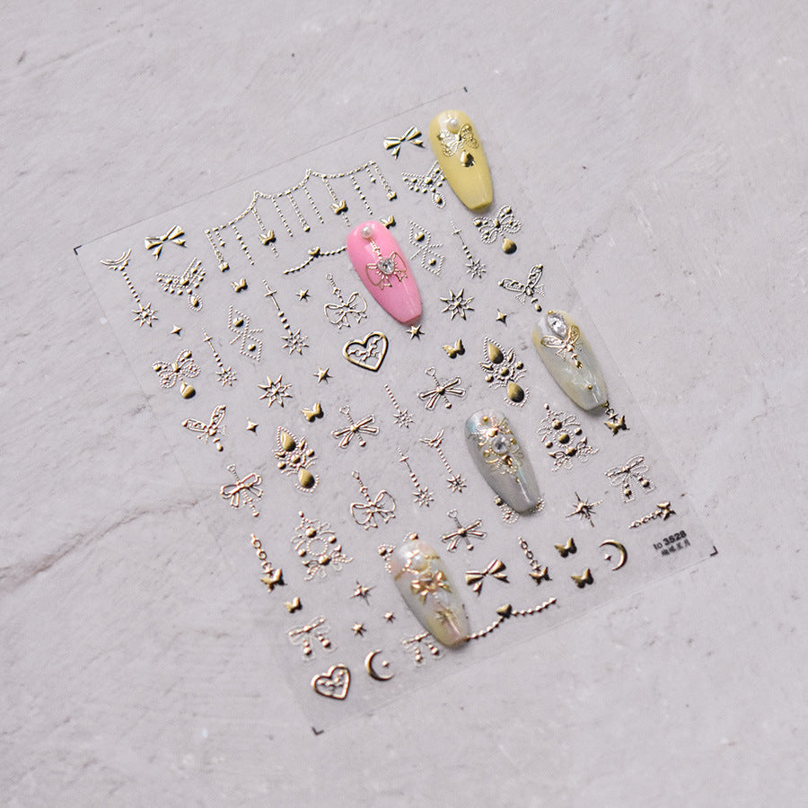 Gold 3D Heart Moon Nail Stickers: Embossed Spiritual Nail Art