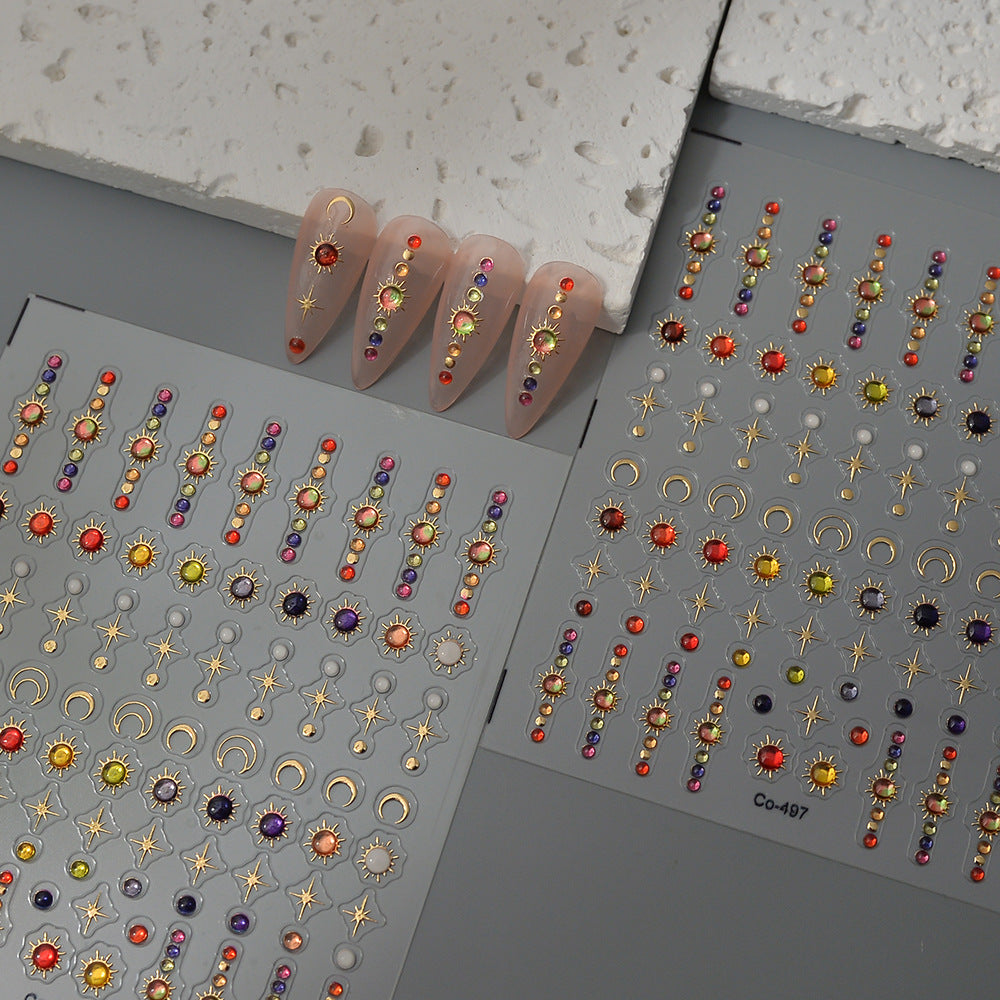 3D Embossed Celestial Nail Stickers • Sun Moon Star Rhinestone Nail Art Decals • Gold Line Cosmic DIY Manicure Stickers