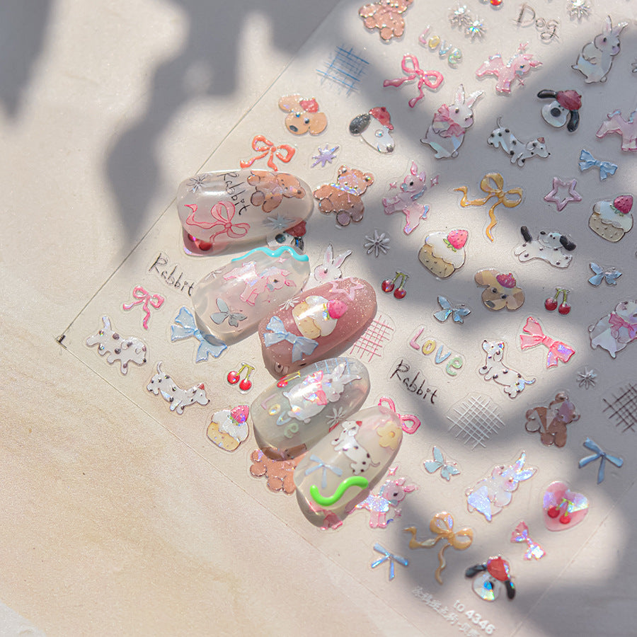 Kawaii Nail Stickers, Cute Animal & Bow Nail Decals, Bunny Bear Puppy Cherry Peel Off Ultra Thin