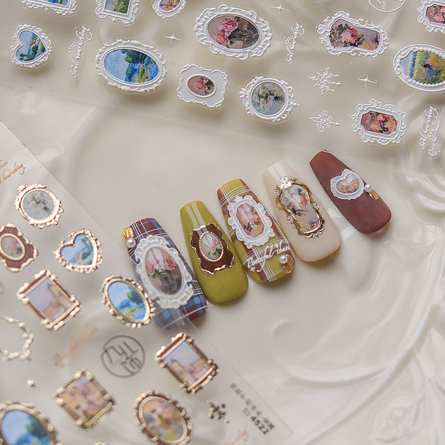 Luxury Antique Gold Nail Stickers • Vintage Gem Frame & Floral Painting Nail Art Decals • 3D Embossed DIY Manicure Stickers