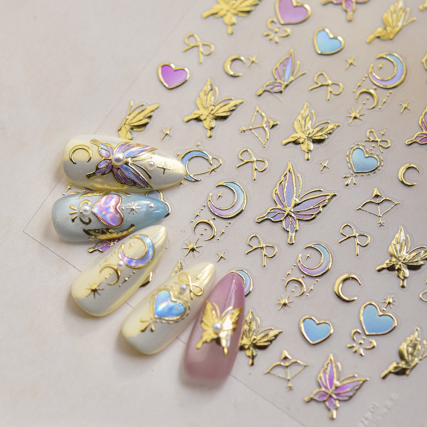 Aurora Holographic 5D Gold Butterfly Moon Heart Nail Stickers Fairy Y2K Angel Wings Nail Art