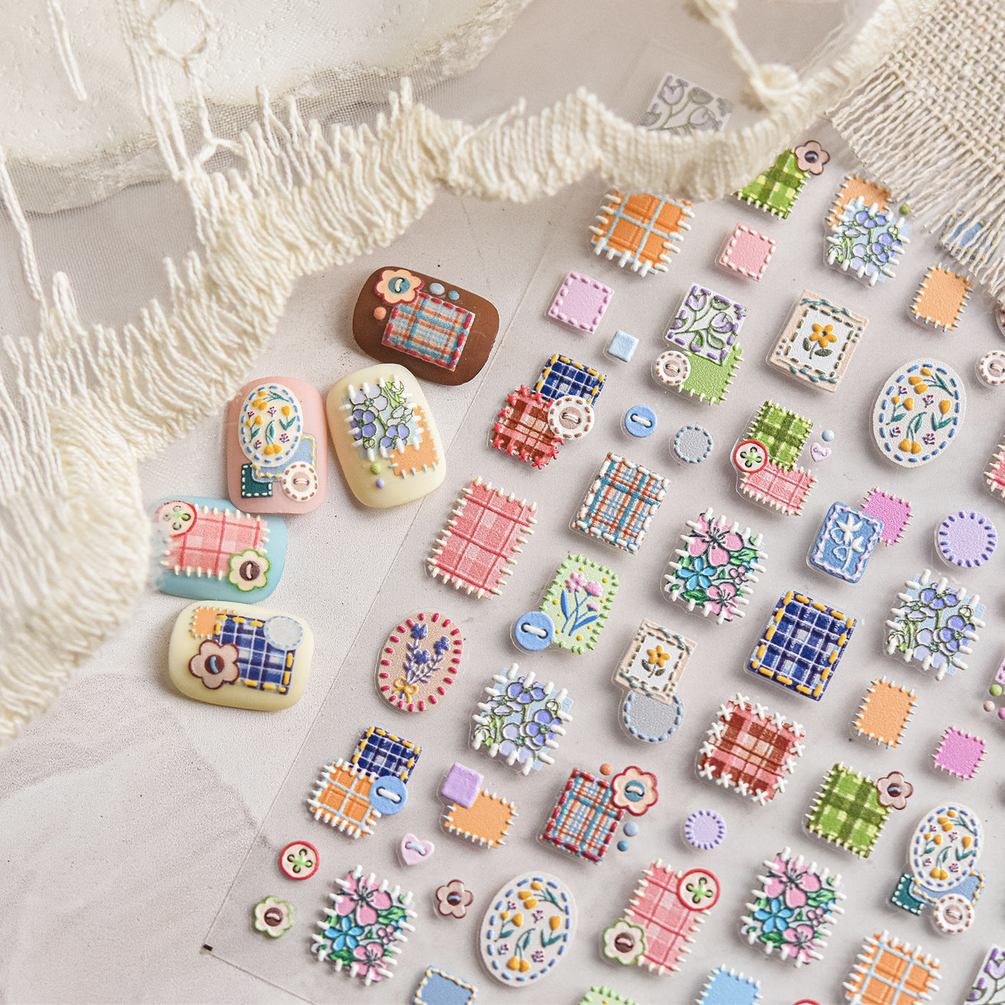 Vintage Patchwork Nail Stickers, Cottagecore Plaid Nail Decals, Cute Floral Quilt Nail Art, Embroidered Fabric Style Nails