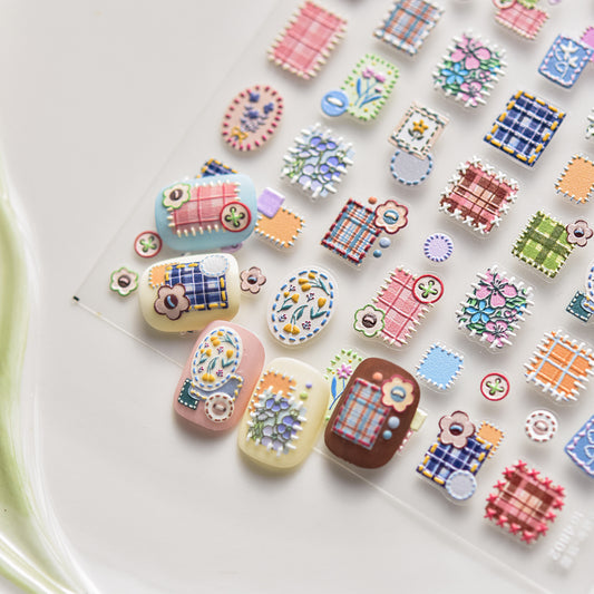 Vintage Patchwork Nail Stickers, Cottagecore Plaid Nail Decals, Cute Floral Quilt Nail Art, Embroidered Fabric Style Nails