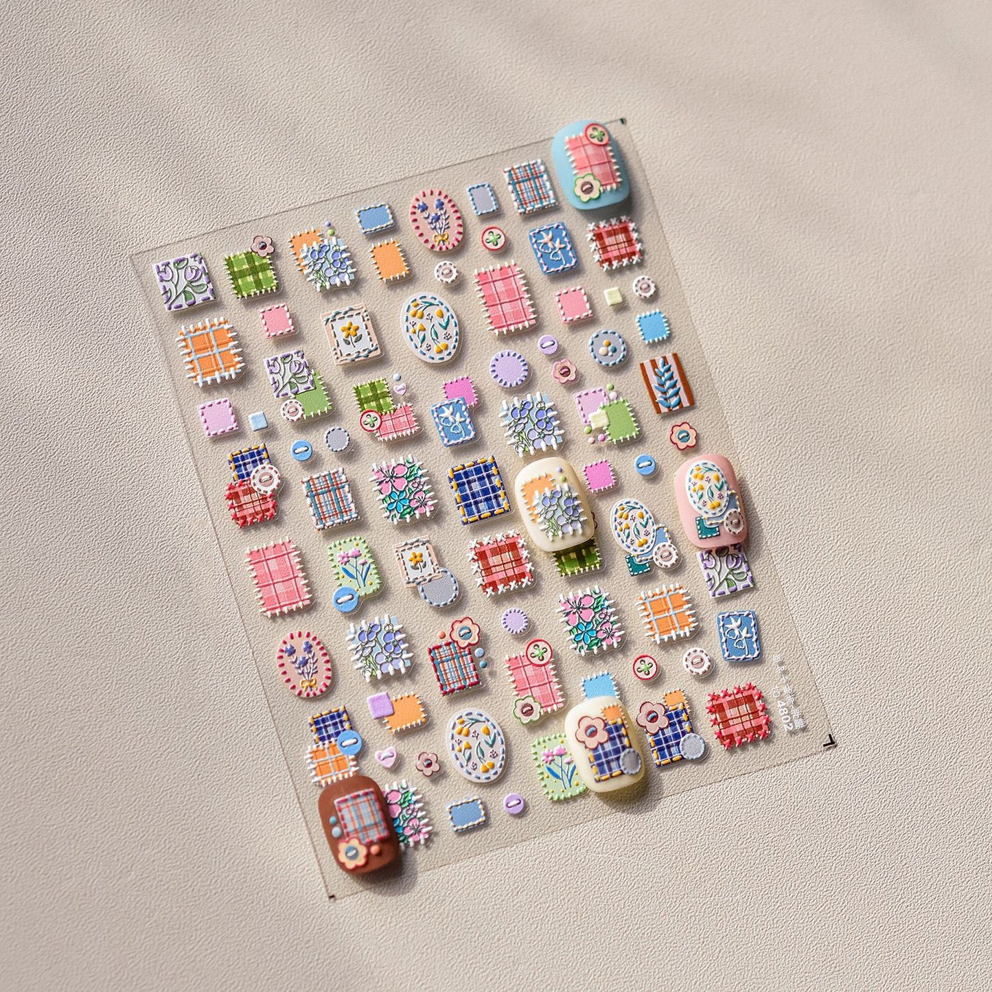 Vintage Patchwork Nail Stickers, Cottagecore Plaid Nail Decals, Cute Floral Quilt Nail Art, Embroidered Fabric Style Nails