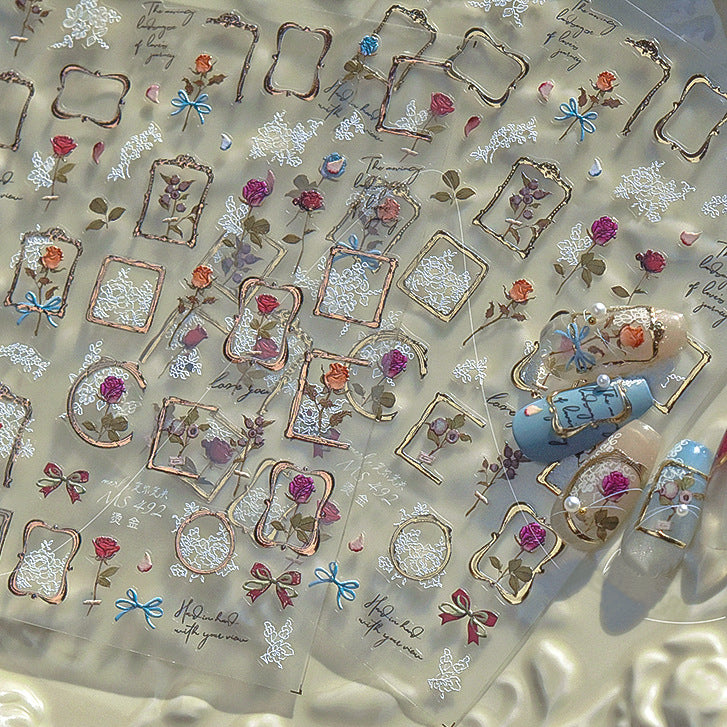 Vintage Rose & Floral Frame Nail Stickers, Gold Frame Flower Nail Art Stickers, Romantic Rose Nail Design
