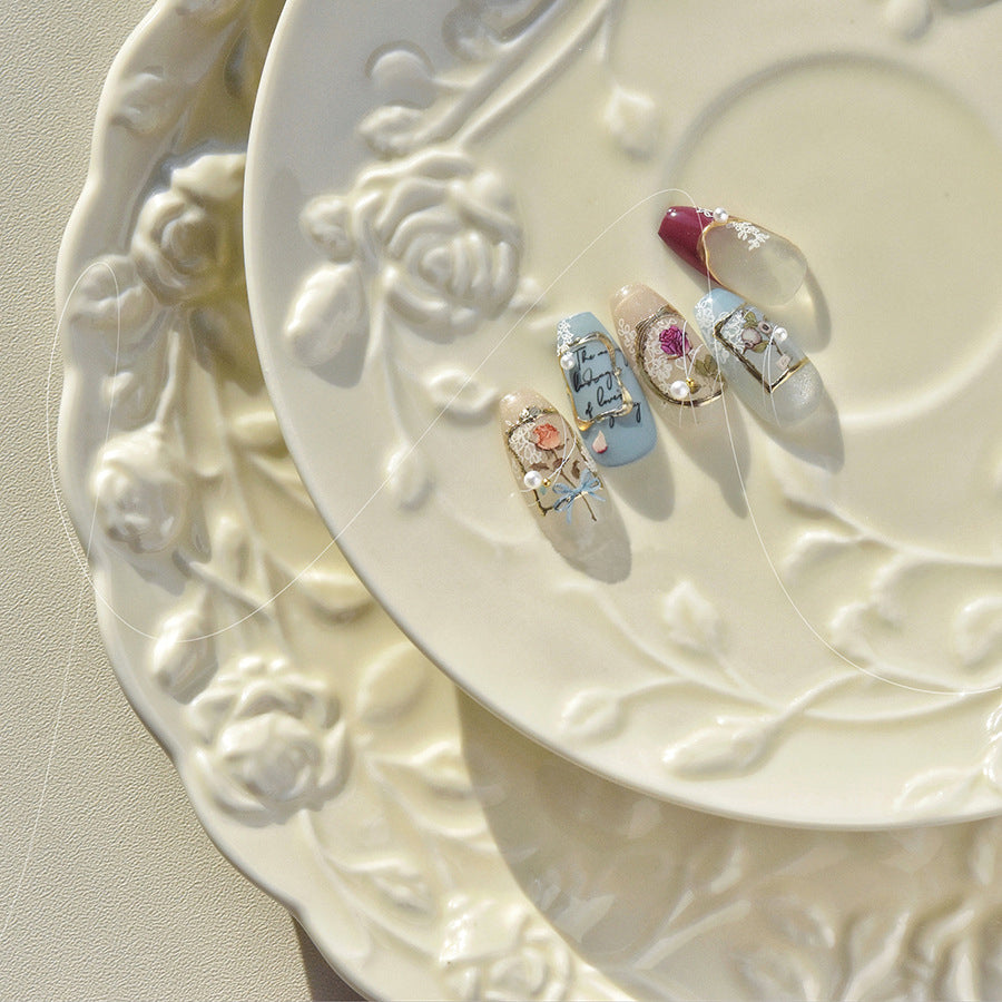 Vintage Rose & Floral Frame Nail Stickers, Gold Frame Flower Nail Art Stickers, Romantic Rose Nail Design