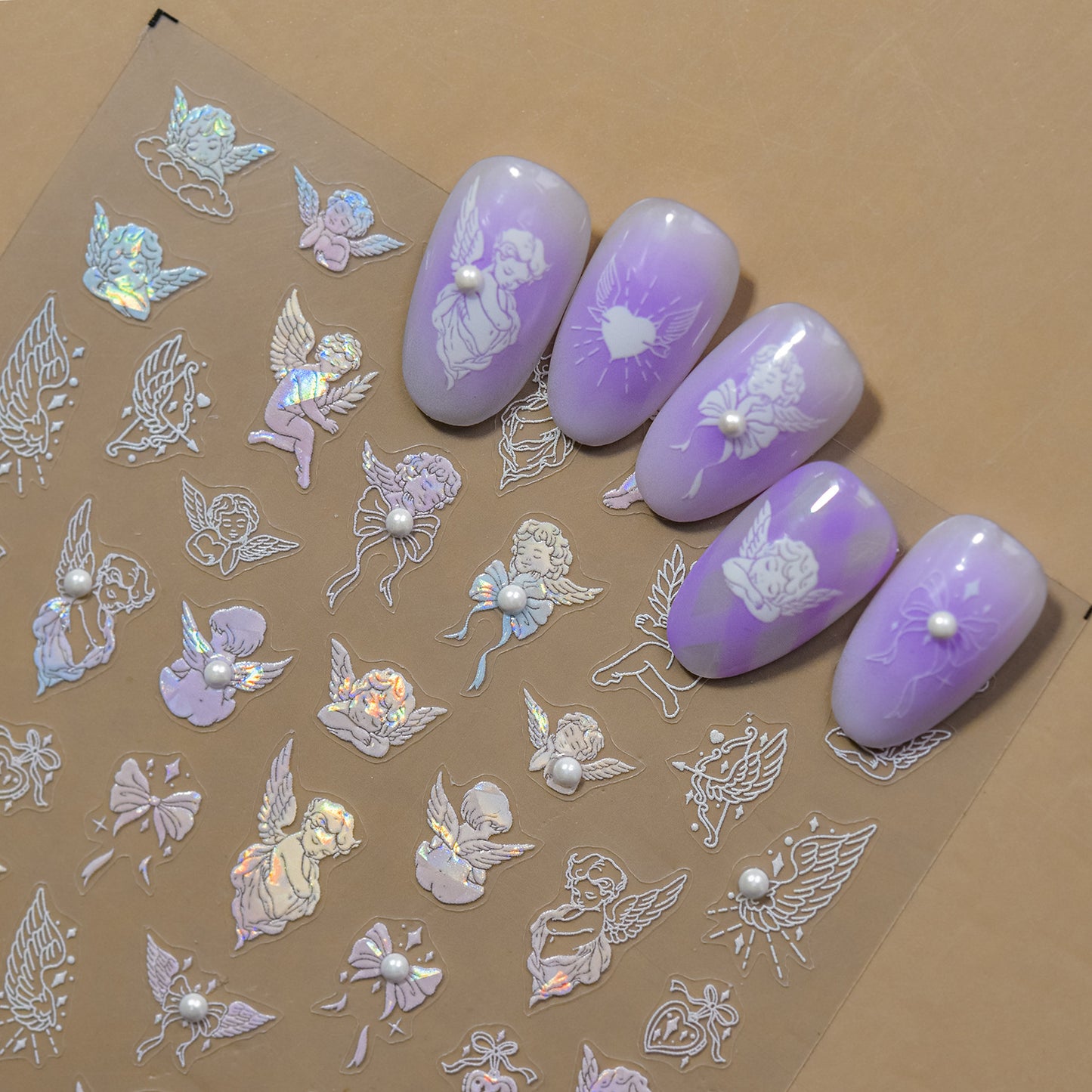 5D Angel Cherub Nail Stickers | Iridescent Cupid Nail Decals | Coquette Bow Heart Wings Nail Art | Heavenly Aesthetic Nail Decorations