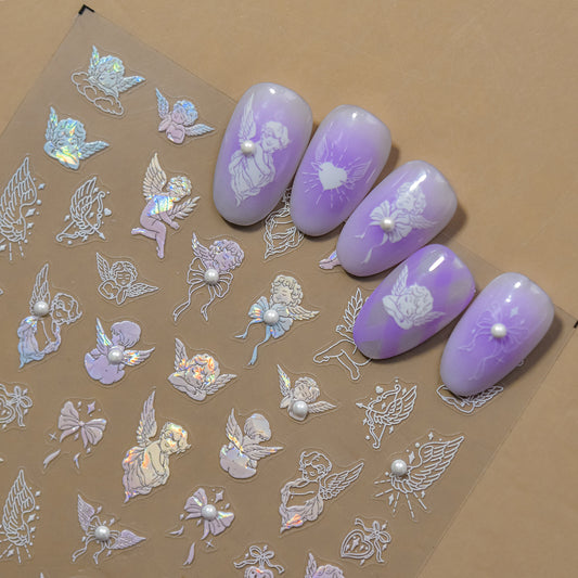 5D Angel Cherub Nail Stickers | Iridescent Cupid Nail Decals | Coquette Bow Heart Wings Nail Art | Heavenly Aesthetic Nail Decorations