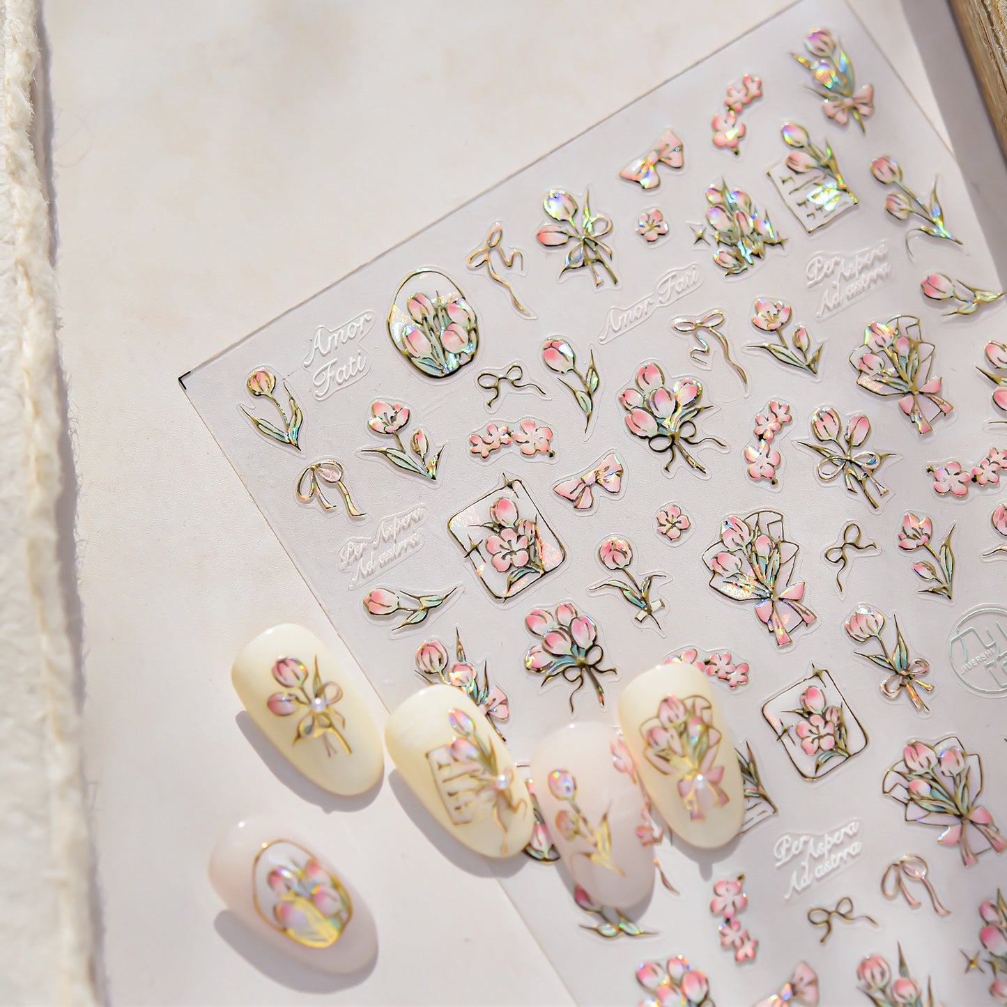 5D Gold Outline Pink Tulip Nail Stickers | Luxury Floral Nail Decals | Spring Flower Nail Art | Elegant Botanical Nail Design