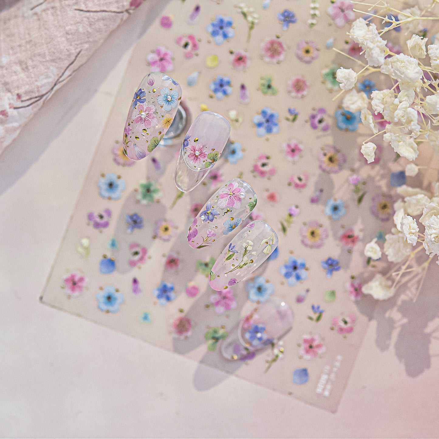 Pastel 5D Flower Sakura Floral Nail Art Stickers Gold Accents Spring Garden Wildflower Nails
