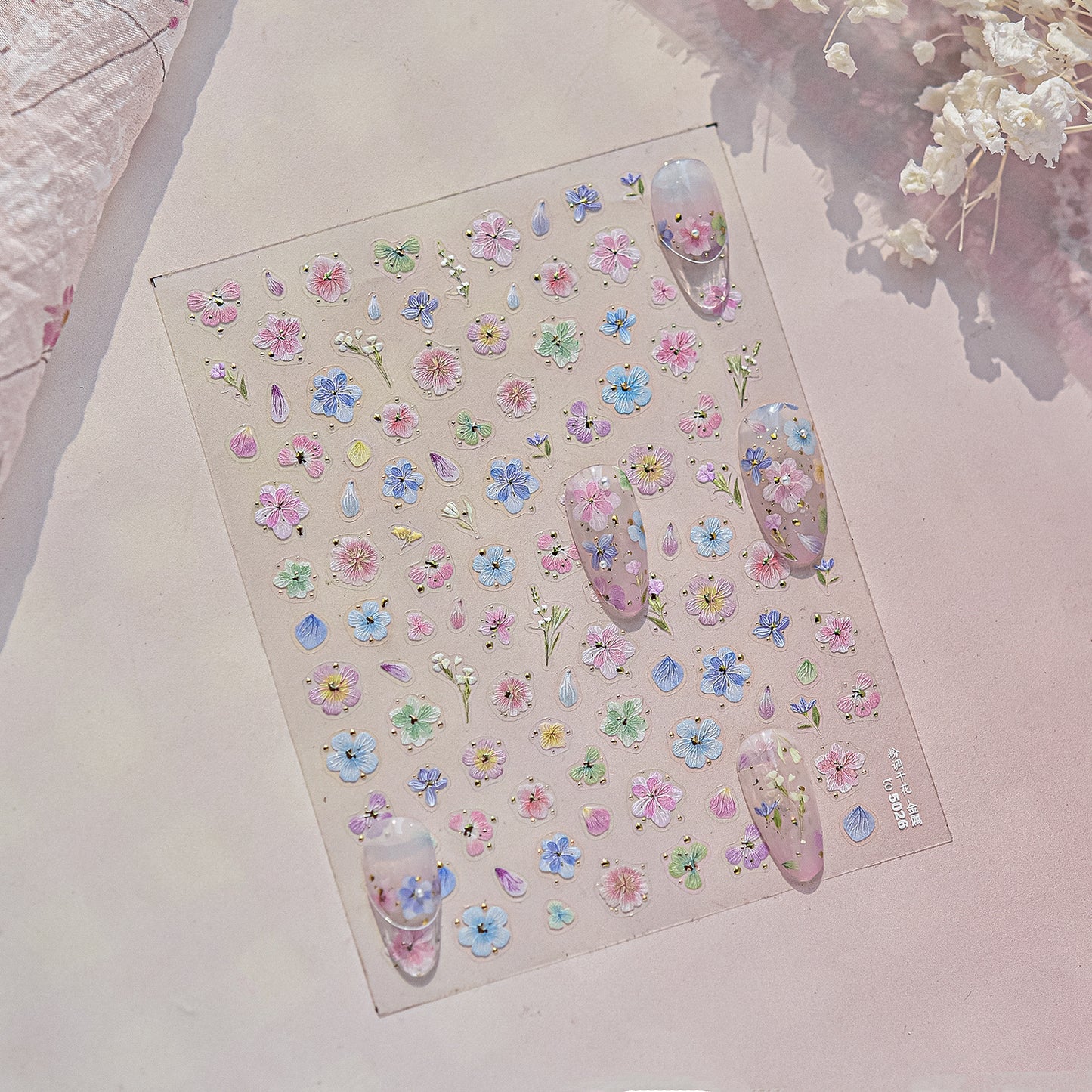 Pastel 5D Flower Sakura Floral Nail Art Stickers Gold Accents Spring Garden Wildflower Nails