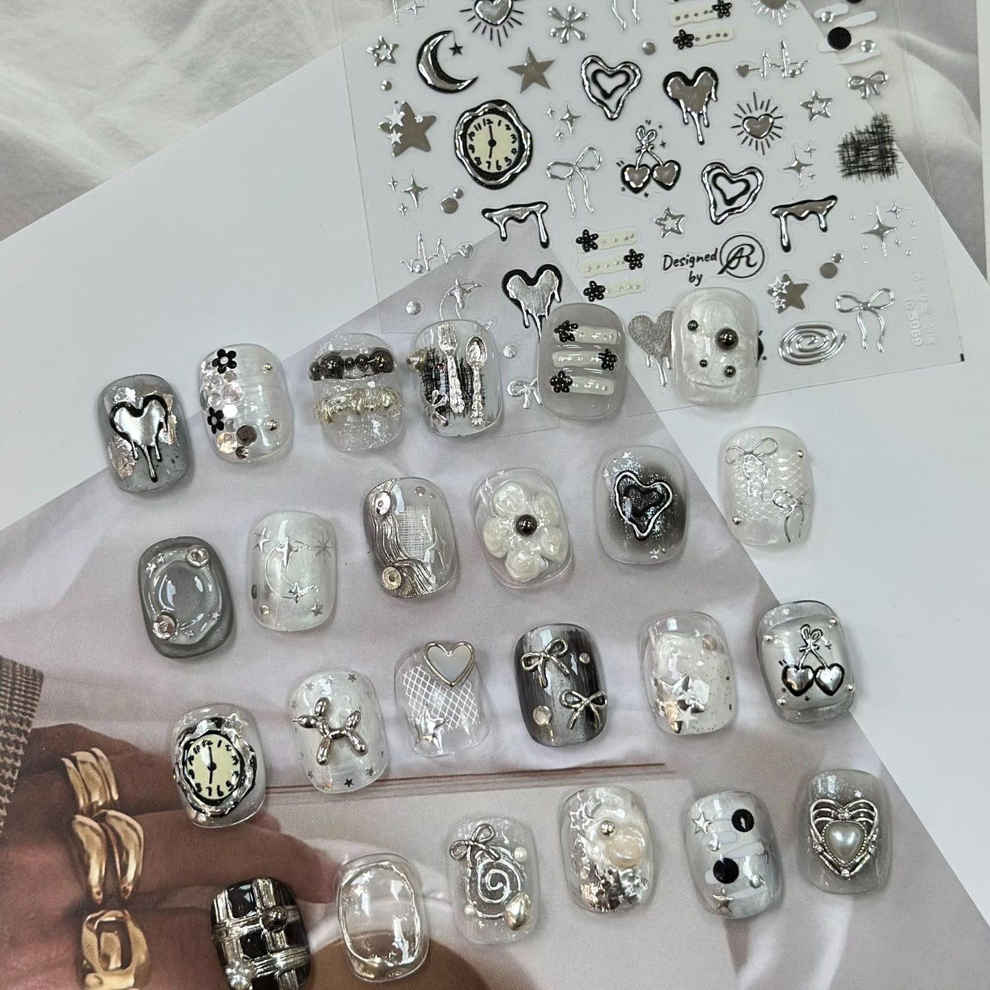 Silver Chrome Nail Stickers Metallic Heart Moon Cherry Clock Time Star