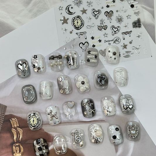 Silver Chrome Nail Stickers Metallic Heart Moon Cherry Clock Time Star