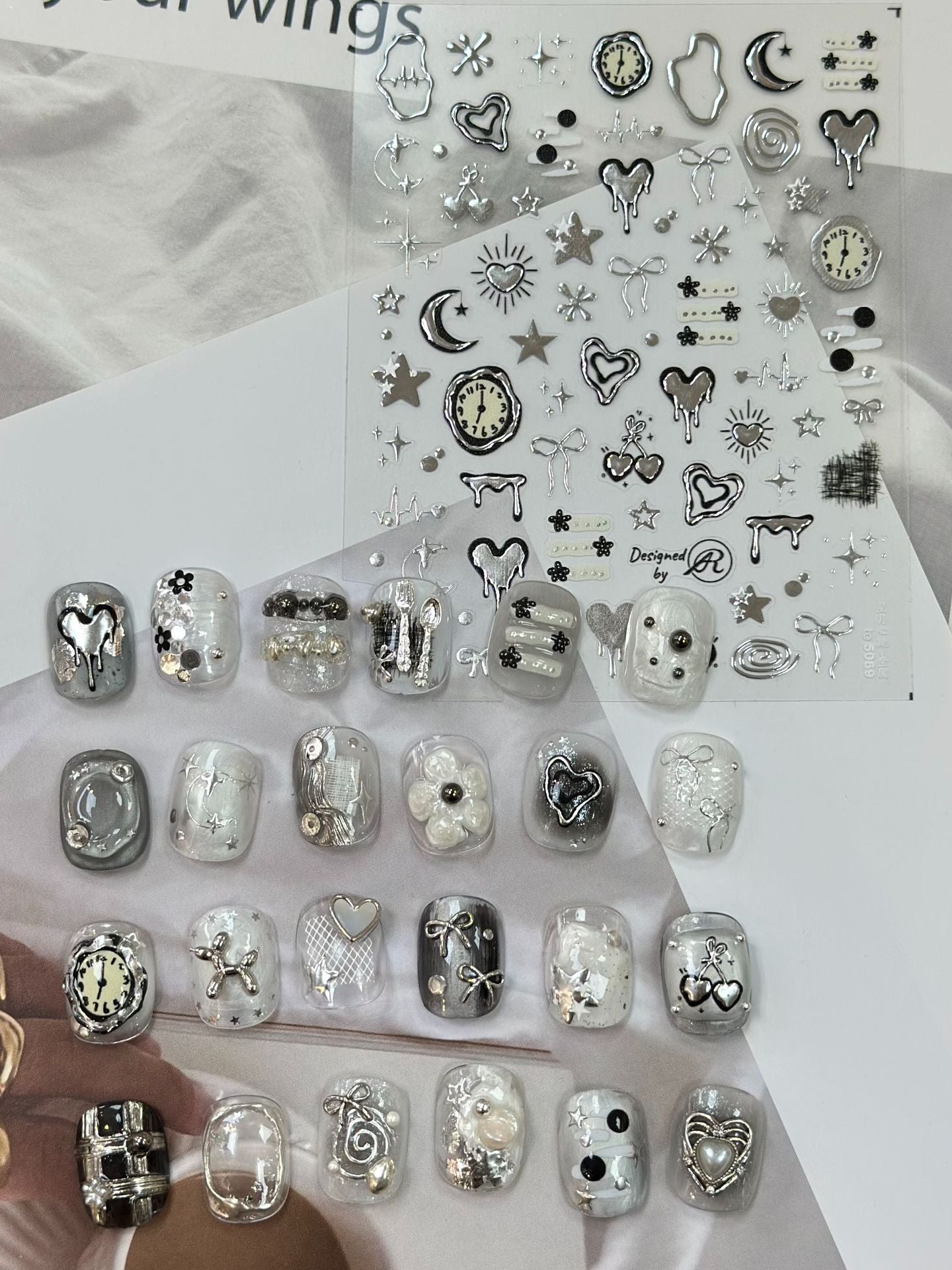 Silver Chrome Nail Stickers Metallic Heart Moon Cherry Clock Time Star