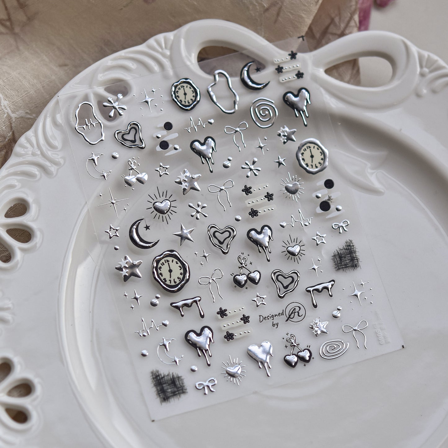 Silver Chrome Nail Stickers Metallic Heart Moon Cherry Clock Time Star
