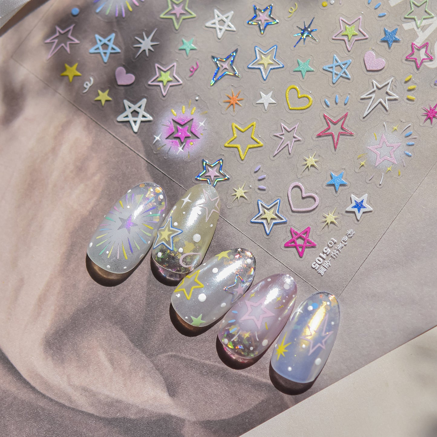 Pastel Hollow Star Nail Decals, Celestial Firework Festival Halo Stickers