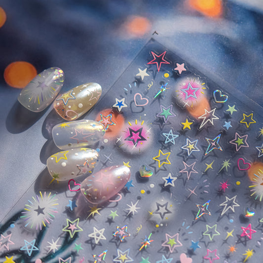 Pastel Hollow Star Nail Decals, Celestial Firework Festival Halo Stickers