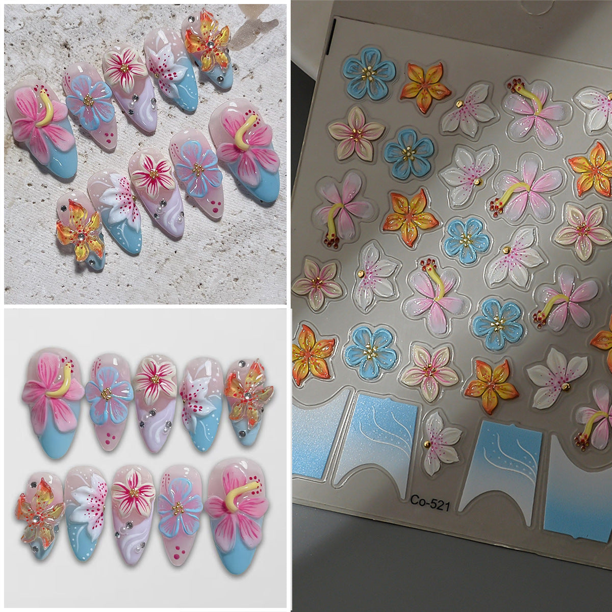 3D Flower Nail Stickers, Colorful Floral Nail Decals, Spring Summer Nail Art Stickers, Cute Blossom Nail Decoration
