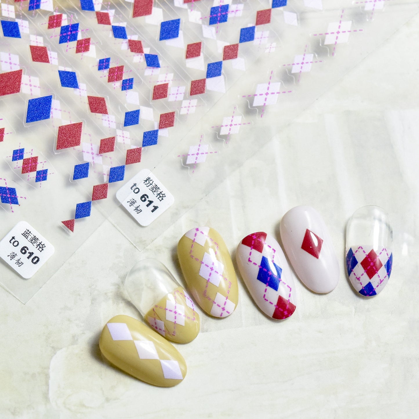 Pink Argyle Nail Stickers, Preppy Plaid Nail Decals, Korean Nail Art Stickers, Y2K Kawaii Nail Wraps, Harajuku DIY Manicure