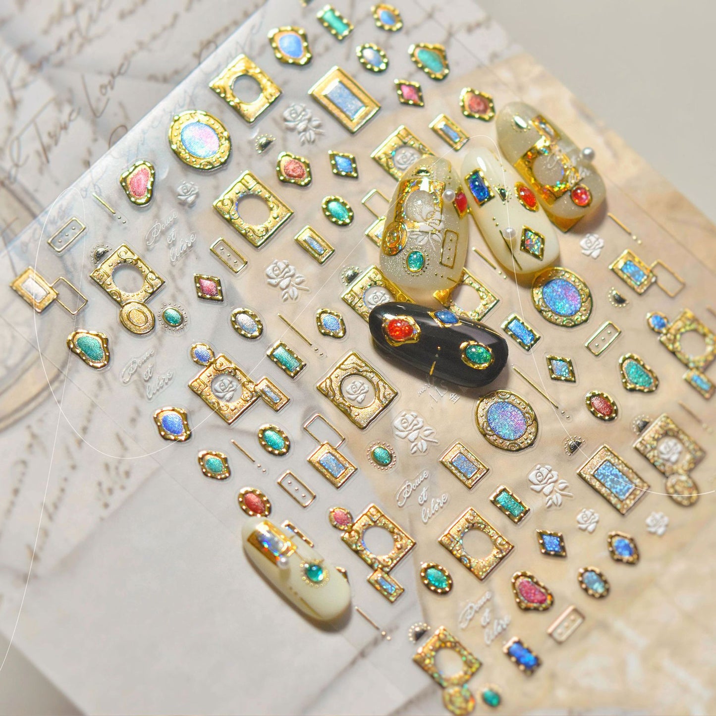 Luxury Antique Gold Nail Stickers • Vintage Gem Frame & Floral Painting Nail Art Decals • 3D Embossed DIY Manicure Stickers