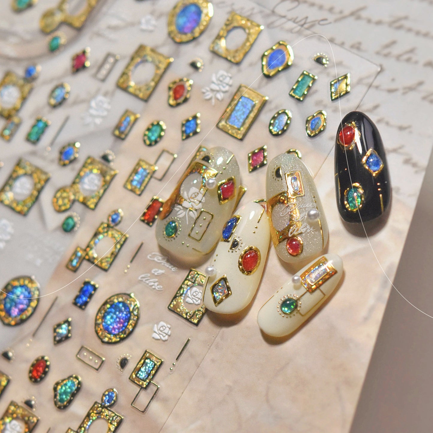 Luxury Antique Gold Nail Stickers • Vintage Gem Frame & Floral Painting Nail Art Decals • 3D Embossed DIY Manicure Stickers