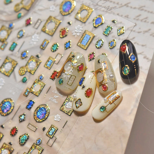Luxury Antique Gold Nail Stickers • Vintage Gem Frame & Floral Painting Nail Art Decals • 3D Embossed DIY Manicure Stickers