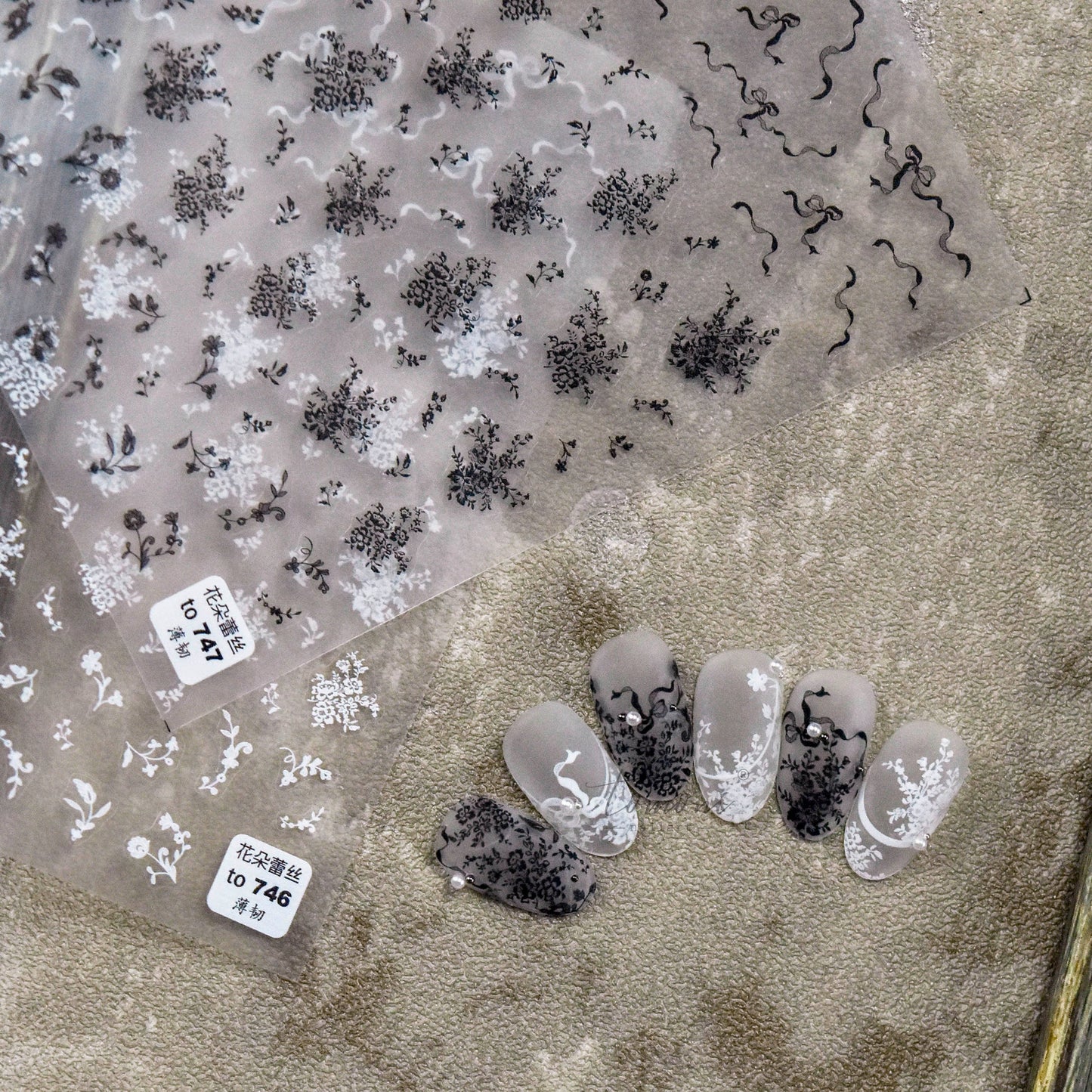 Black & White Vintage Floral Nail Stickers | Elegant Lace Flower Nail Decals | Ribbon Bow Botanical