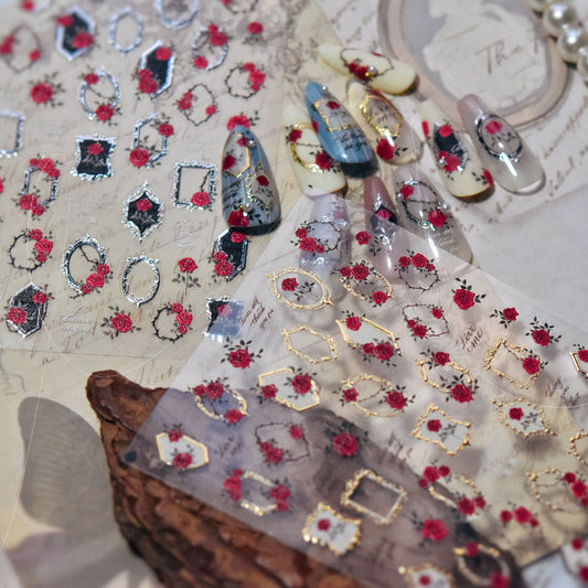 Vintage Rose & Floral Frame Nail Stickers, Gold Frame Flower Nail Art Stickers, Romantic Rose Nail Design