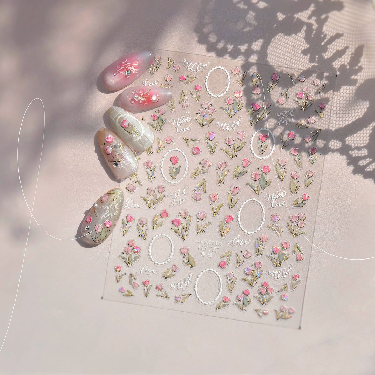 5D Gold Outline Pink Tulip Nail Stickers | Luxury Floral Nail Decals | Spring Flower Nail Art | Elegant Botanical Nail Design