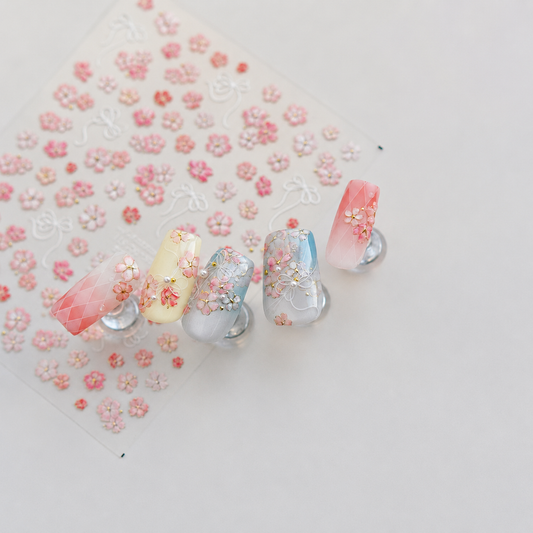 Pastel 5D Flower Sakura Floral Nail Art Stickers Gold Accents Spring Garden Wildflower Nails