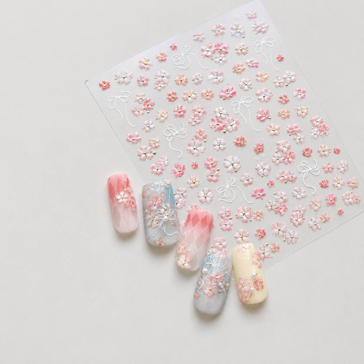 Pastel 5D Flower Sakura Floral Nail Art Stickers Gold Accents Spring Garden Wildflower Nails