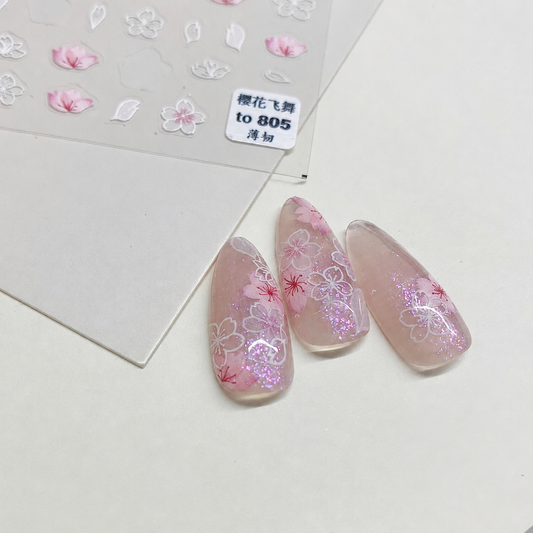 Pink Cherry Blossom Nail Stickers, Sakura Nail Decals, Japanese Floral Nail Art