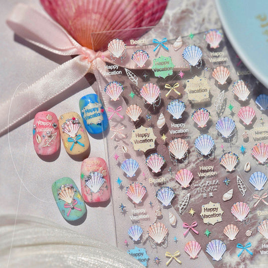 Mermaid Tail Nail Stickers, Ocean Fantasy Nail Decals, 3D Mermaid Nail Art, Seashell & Starfish Stickers, Iridescent Summer Nails