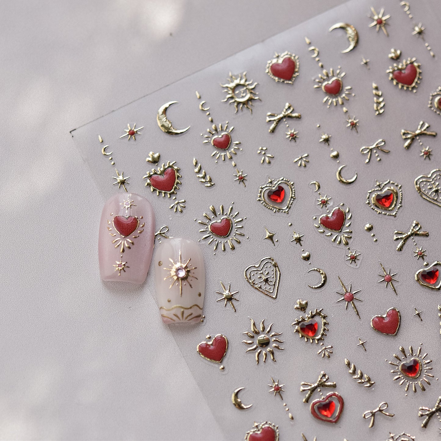 Gilding Crystal Heart Bow Tie Moon Nail sticker/ Gold 3D embossed Spiritual Nails Art Stickers with Rhinestones Red Hearts