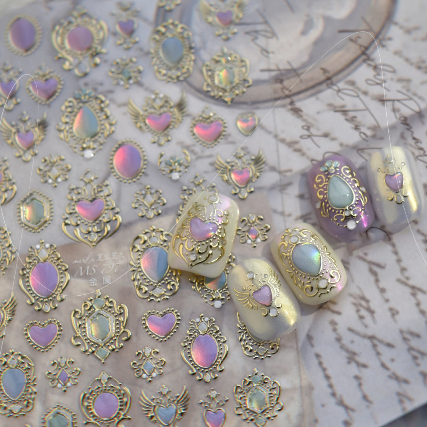 Gilding Iridescent Opal Baroque Inspired Gemstone Design Royal Nail sticker/ Vintage Gold 3D embossed Spiritual Nails Art Stickers