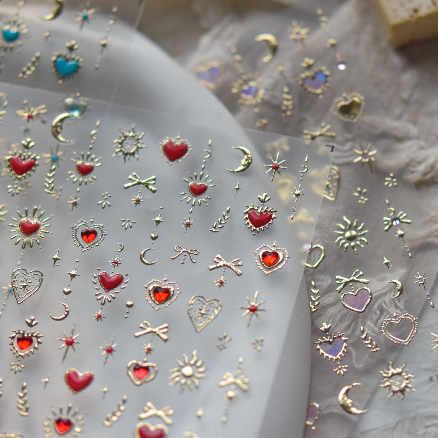 Gilding Crystal Heart Bow Tie Moon Nail sticker/ Gold 3D embossed Spiritual Nails Art Stickers with Rhinestones Red Hearts