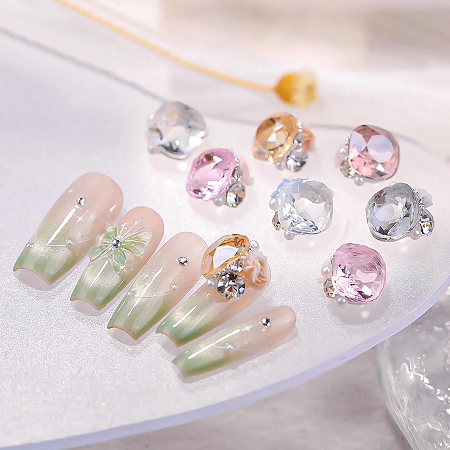 Crystal Nail Charms: 3D Baguette, Rose & Pearl Decorations (4pcs)