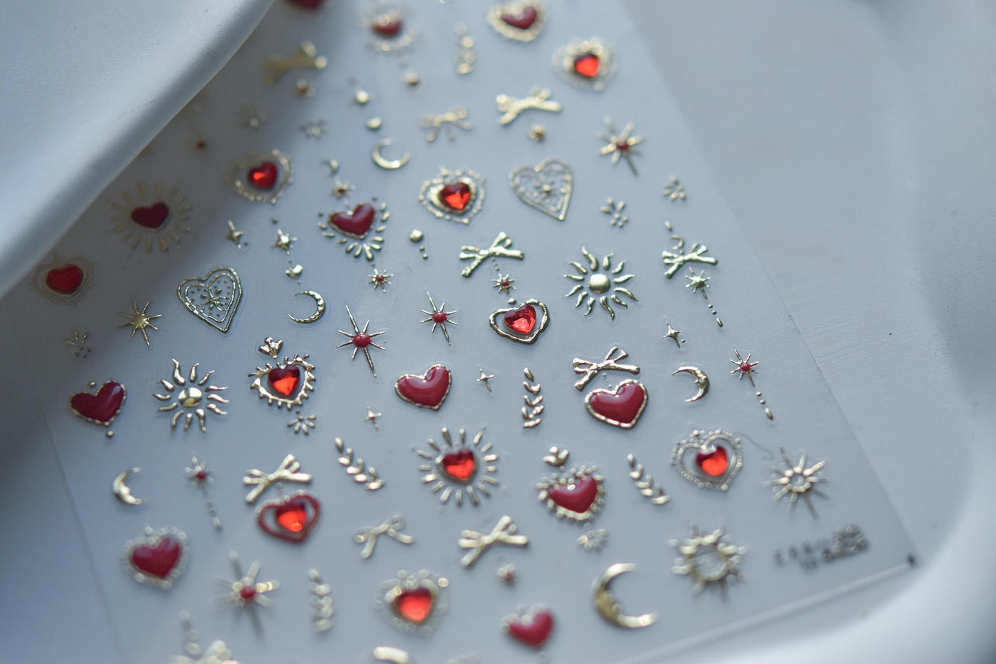 Gilding Crystal Heart Bow Tie Moon Nail sticker/ Gold 3D embossed Spiritual Nails Art Stickers with Rhinestones Red Hearts