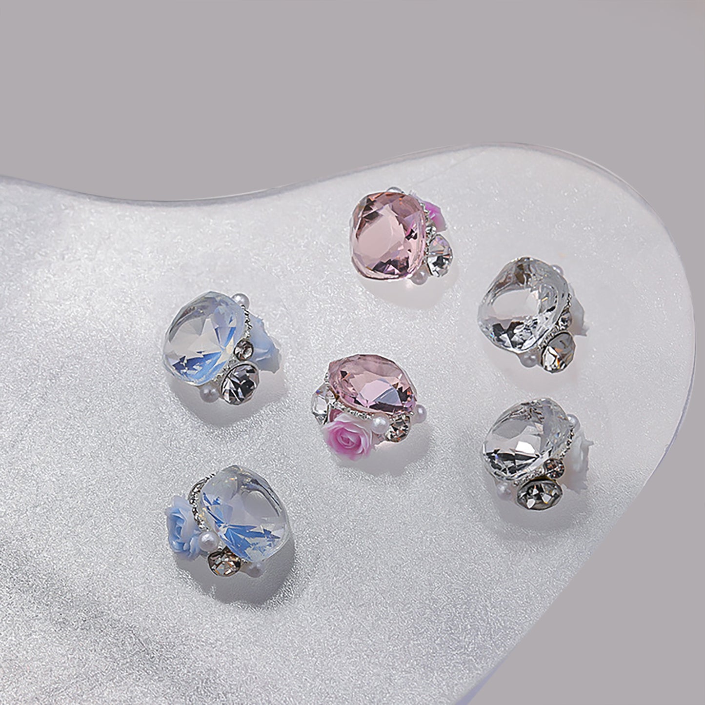 Crystal Nail Charms: 3D Baguette, Rose & Pearl Decorations (4pcs)