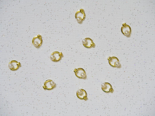 10 pcs 3D pearl round ring Metallic nail studs / heart shape golden ring circle pearl charm nail art