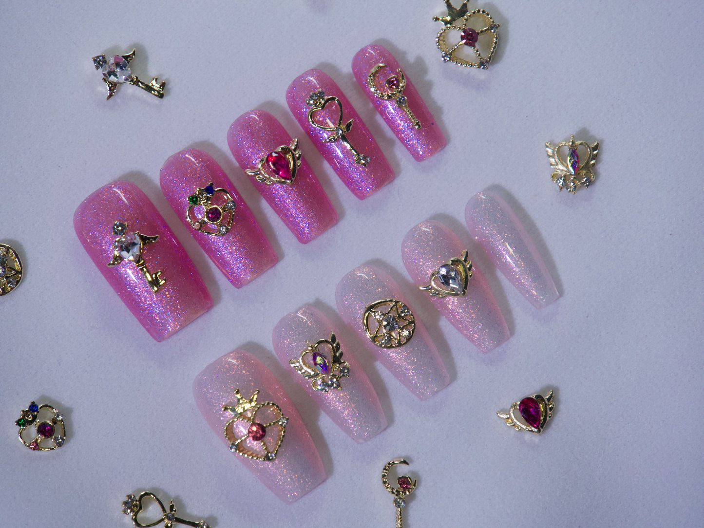 9PCS Gold Princess Nail Charms Set, Crown Heart Key Moon Nail Decorations, Crystal 3D Nail Charms