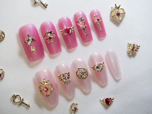 9PCS Gold Princess Nail Charms Set, Crown Heart Key Moon Nail Decorations, Crystal 3D Nail Charms
