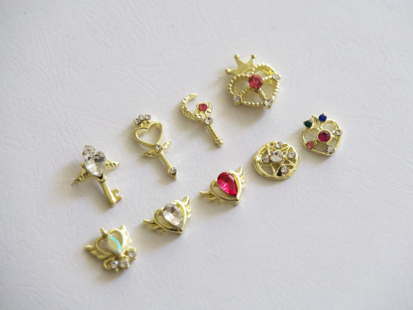 9PCS Gold Princess Nail Charms Set, Crown Heart Key Moon Nail Decorations, Crystal 3D Nail Charms