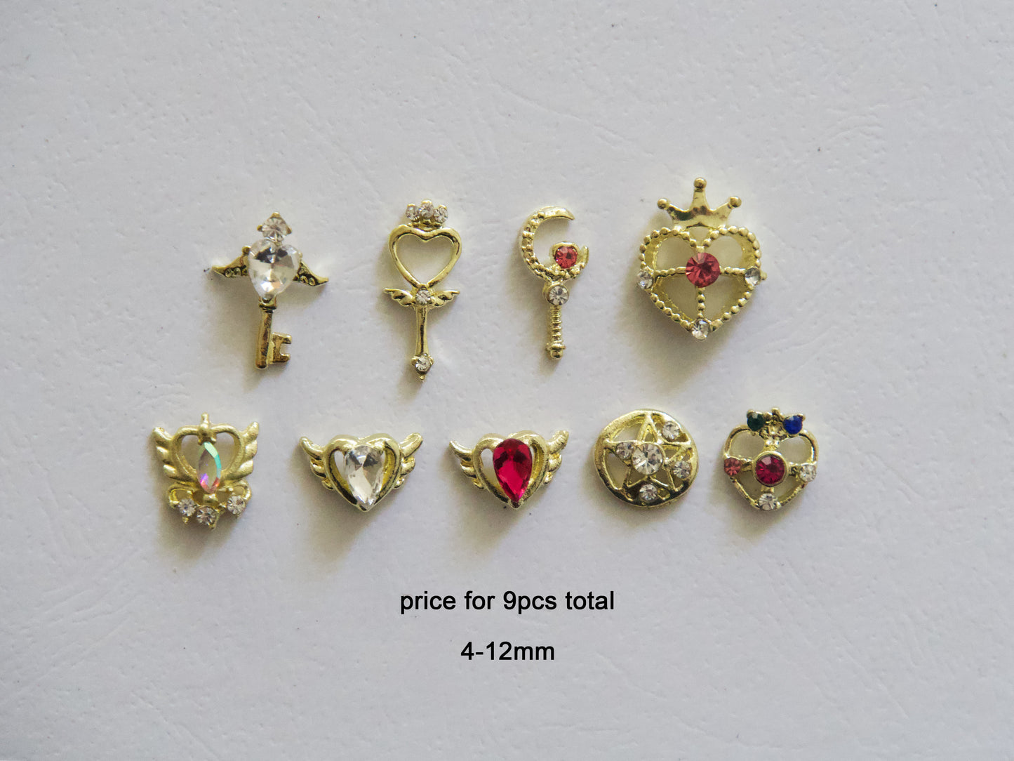 9PCS Gold Princess Nail Charms Set, Crown Heart Key Moon Nail Decorations, Crystal 3D Nail Charms