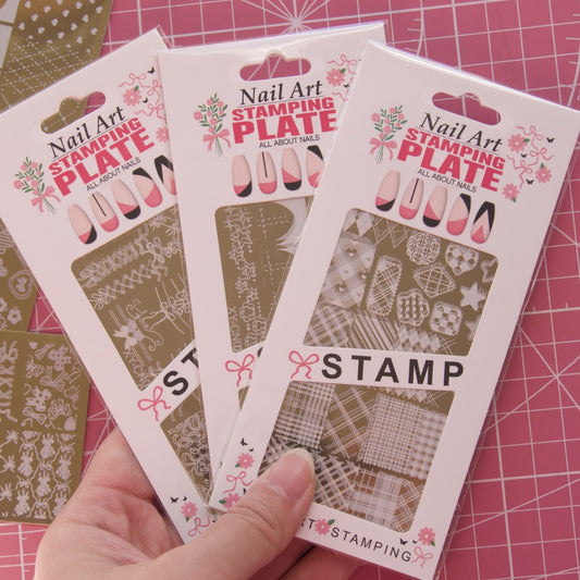 Nail Stamping Plate – French Line, Diamond Grid & Bow Designs | Nail Transfer Printing Tool for DIY Manicure