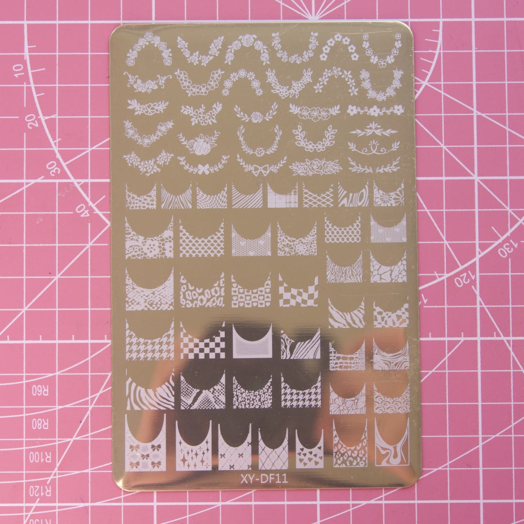 Nail Stamping Plate – French Line with patterns, Cherry & Bow Designs | Nail Transfer Printing Tool for DIY Manicure