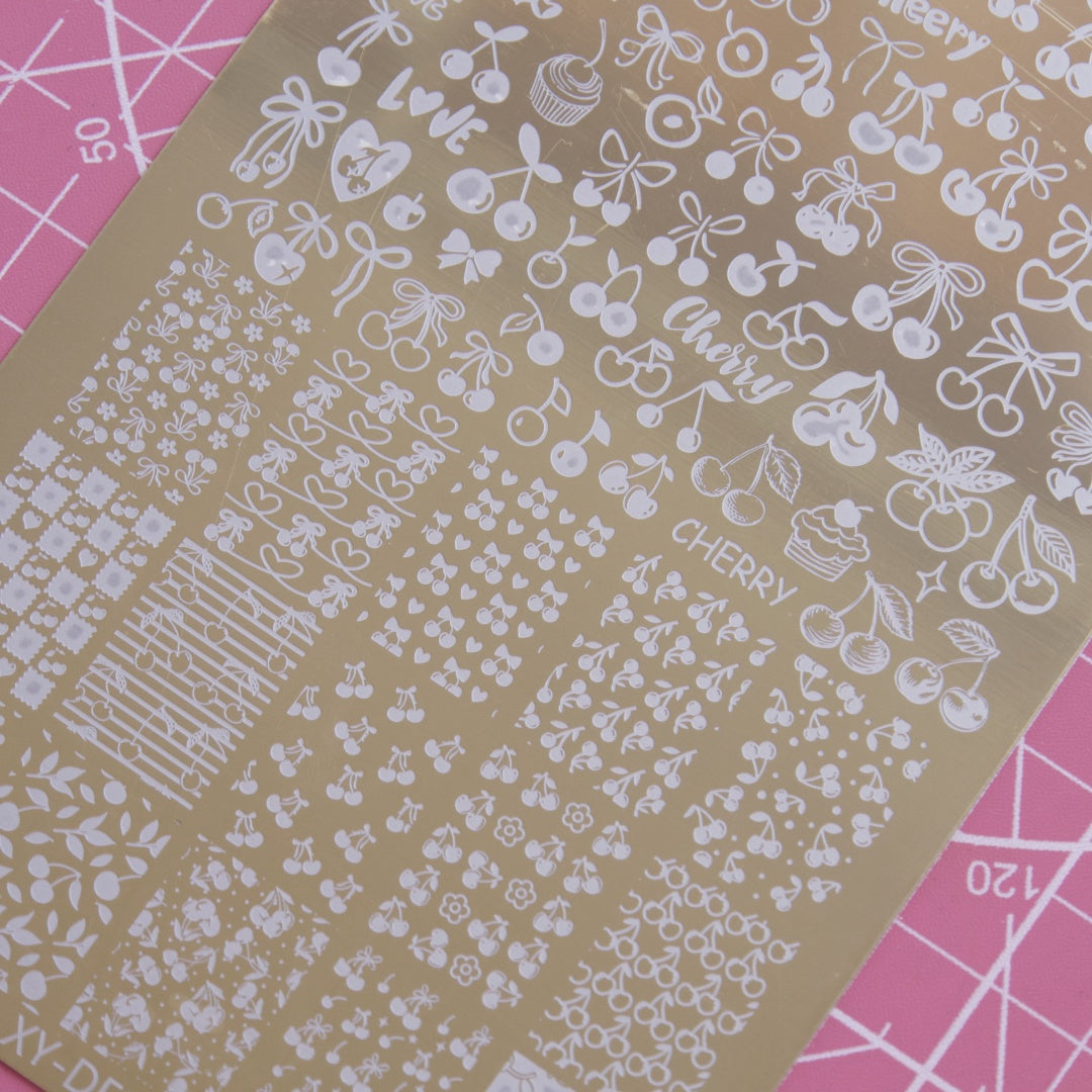 Nail Stamping Plate – French Line with patterns, Cherry & Bow Designs | Nail Transfer Printing Tool for DIY Manicure