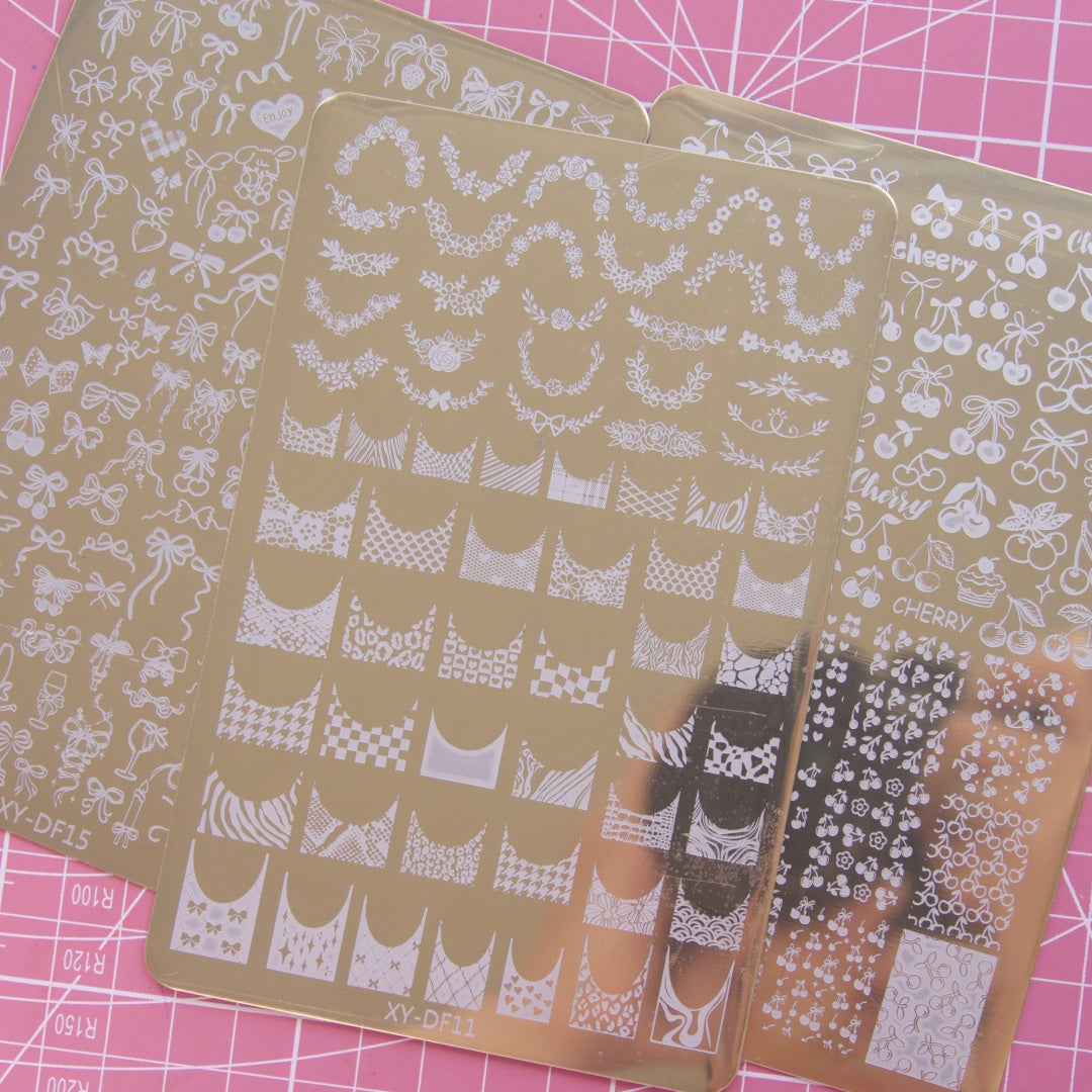 Nail Stamping Plate – French Line with patterns, Cherry & Bow Designs | Nail Transfer Printing Tool for DIY Manicure