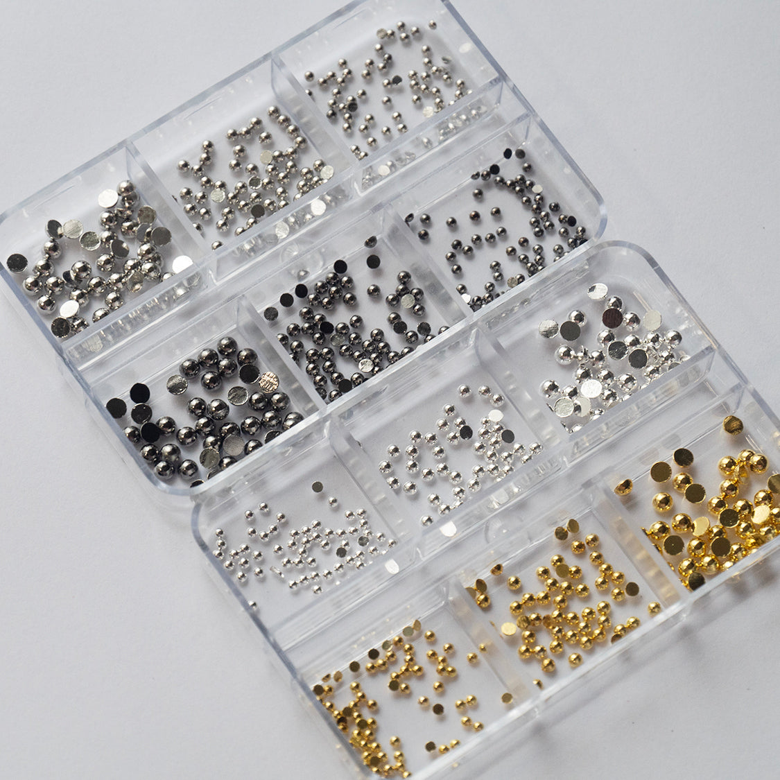6 Grids Metallic Hemisphere Caviar Beads – Silver & Gold Semicircle Nail Rivets | 3D Nail Art Decorations